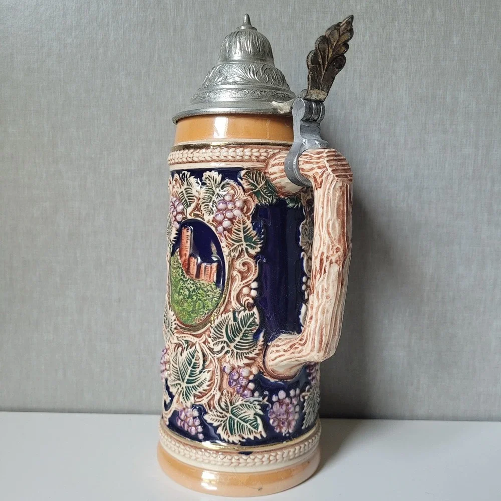 Vintage Thewalt German Beer Stein Lidded Der Rhein Map Castle Relief Handpainted